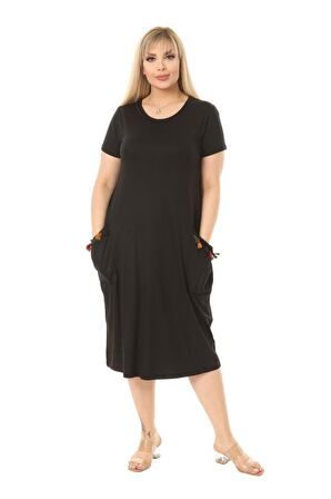 Melsay Butik Püsküllü Cepli Kısa Kollu Siyah Midi Elbise