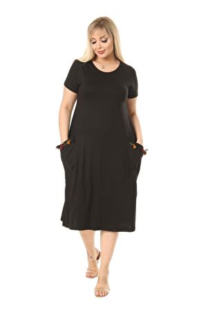 Melsay Butik Püsküllü Cepli Kısa Kollu Siyah Midi Elbise
