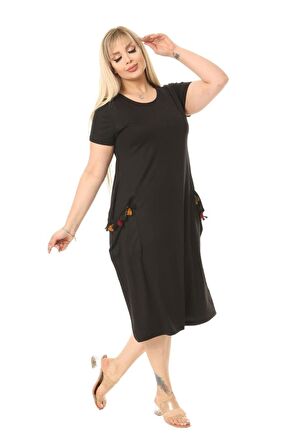 Melsay Butik Püsküllü Cepli Kısa Kollu Siyah Midi Elbise