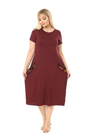 Melsay Butik Püsküllü Cepli Kısa Kollu Bordo Midi Elbise