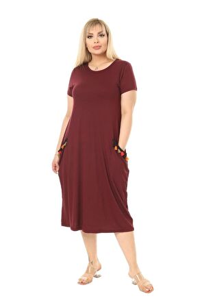 Melsay Butik Püsküllü Cepli Kısa Kollu Bordo Midi Elbise