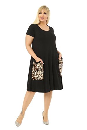 Melsay Butik Balon Cepli Leopar Desen Kısa Kollu Midi Elbise