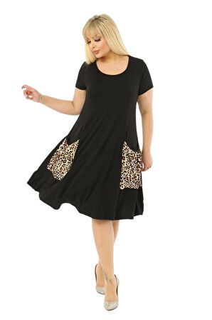 Melsay Butik Balon Cepli Leopar Desen Kısa Kollu Midi Elbise