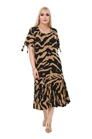 Melsay Butik Vizon Zebra Desen Bağlamalı Kısa Kollu Kadın Midi Elbise