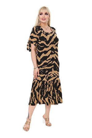 Melsay Butik Vizon Zebra Desen Bağlamalı Kısa Kollu Kadın Midi Elbise