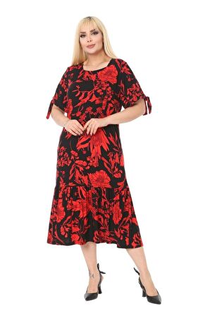 Melsay Butik Kırmızı Palmiye Desen Bağlamalı Kısa Kollu Kadın Midi Elbise
