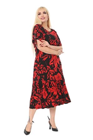 Melsay Butik Kırmızı Palmiye Desen Bağlamalı Kısa Kollu Kadın Midi Elbise