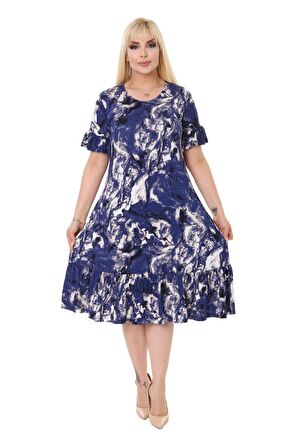 Melsay Butik Mavi Batik Desen Fırfırlı Kısa Kollu Kadın Midi Elbise