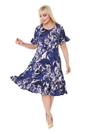 Melsay Butik Mavi Batik Desen Fırfırlı Kısa Kollu Kadın Midi Elbise