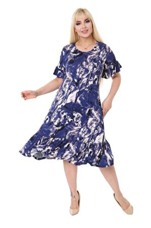 Melsay Butik Mavi Batik Desen Fırfırlı Kısa Kollu Kadın Midi Elbise