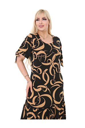 Melsay Butik Vizon Dalgalı Desen Bağlamalı Kısa Kollu Kadın Midi Elbise