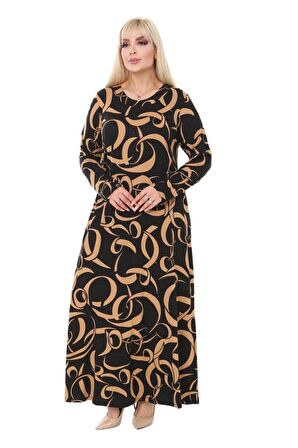 Melsay Butik Vizon Dalga Desen Uzun Kollu Uzun Elbise