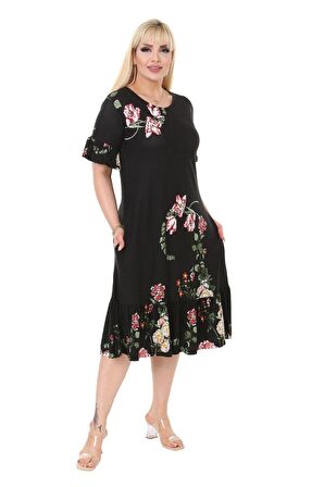 Melsay Butik Siyah Pembe Çiçekli Fırfır Detaylı Kısa Kollu Midi Elbise