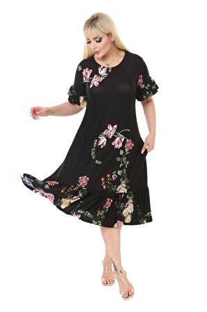 Melsay Butik Siyah Pembe Çiçekli Fırfır Detaylı Kısa Kollu Midi Elbise