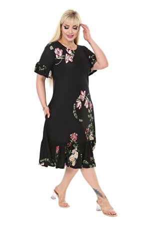 Melsay Butik Siyah Pembe Çiçekli Fırfır Detaylı Kısa Kollu Midi Elbise