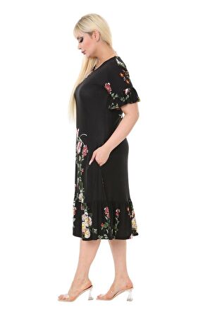Melsay Butik Siyah Pembe Çiçekli Fırfır Detaylı Kısa Kollu Midi Elbise