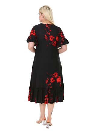 Melsay Butik Gelincik Desen Fırfır Detaylı Kısa Kollu Midi Elbise