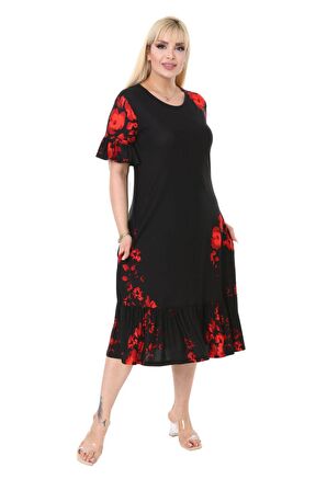 Melsay Butik Gelincik Desen Fırfır Detaylı Kısa Kollu Midi Elbise