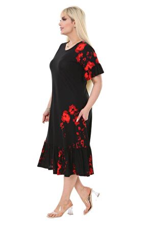 Melsay Butik Gelincik Desen Fırfır Detaylı Kısa Kollu Midi Elbise