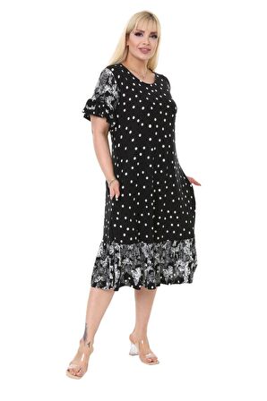 Melsay Butik Siyah Beyaz Puantiye Kelebek Kısa Kollu Midi Elbise