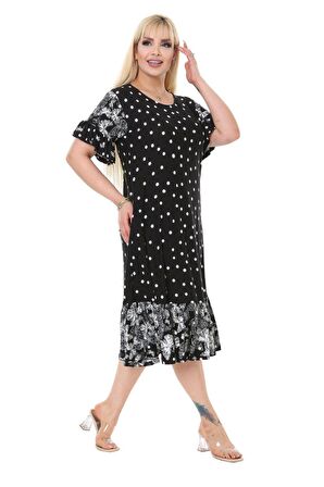 Melsay Butik Siyah Beyaz Puantiye Kelebek Kısa Kollu Midi Elbise