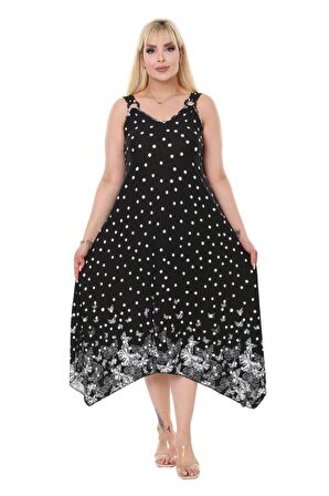 Melsay Butik Siyah Puantiye Kelebek Desen Askılı Asimetrik Kesim Uzun Elbise