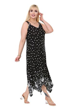 Melsay Butik Siyah Puantiye Kelebek Desen Askılı Asimetrik Kesim Uzun Elbise