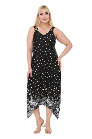 Melsay Butik Siyah Puantiye Kelebek Desen Askılı Asimetrik Kesim Uzun Elbise