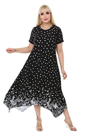 Melsay Butik Siyah Puantiye Kelebek Desen Asimetrik Kesim Uzun Elbise