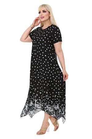 Melsay Butik Siyah Puantiye Kelebek Desen Asimetrik Kesim Uzun Elbise