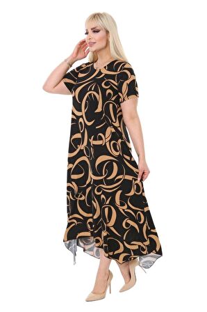Melsay Butik Vizon Dalga Desen Asimetrik Kesim Uzun Elbise