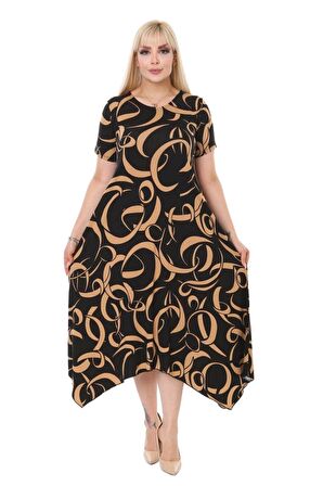 Melsay Butik Vizon Dalga Desen Asimetrik Kesim Uzun Elbise