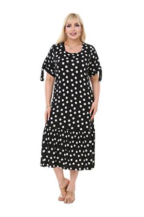 Melsay Butik Siyah Puanlı Bağlamalı Kısa Kollu Kadın Midi Elbise