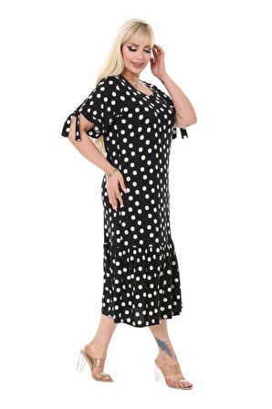 Melsay Butik Siyah Puanlı Bağlamalı Kısa Kollu Kadın Midi Elbise