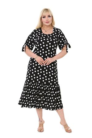 Melsay Butik Siyah Puanlı Bağlamalı Kısa Kollu Kadın Midi Elbise