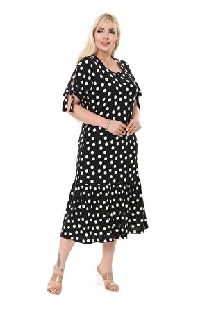 Melsay Butik Siyah Puanlı Bağlamalı Kısa Kollu Kadın Midi Elbise