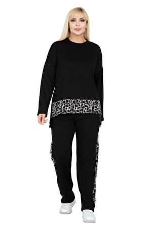 Melsay Butik Siyah Kare Şeritli Büyük Beden Kadın Eşofman Takımı