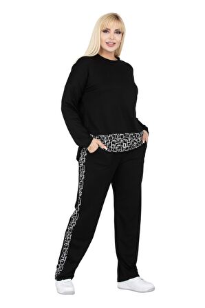 Melsay Butik Siyah Kare Şeritli Büyük Beden Kadın Eşofman Takımı