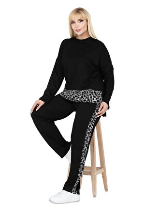 Melsay Butik Siyah Kare Şeritli Büyük Beden Kadın Eşofman Takımı