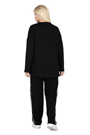 Melsay Butik Siyah Kare Şeritli Büyük Beden Kadın Eşofman Takımı