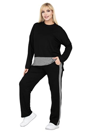 Melsay Butik Siyah Kazayağı Şeritli Büyük Beden Kadın Eşofman Takımı