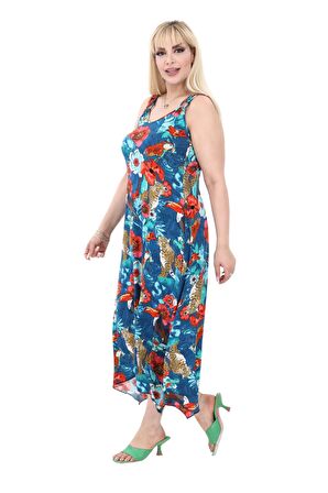 Melsay Butik Papağan Desen Büyük Beden Askılı V Yaka Uzun Elbise