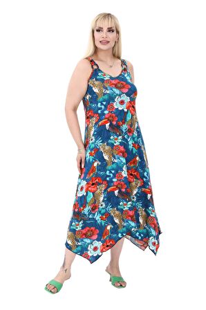Melsay Butik Papağan Desen Büyük Beden Askılı V Yaka Uzun Elbise