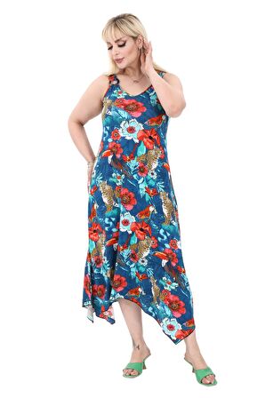 Melsay Butik Papağan Desen Büyük Beden Askılı V Yaka Uzun Elbise