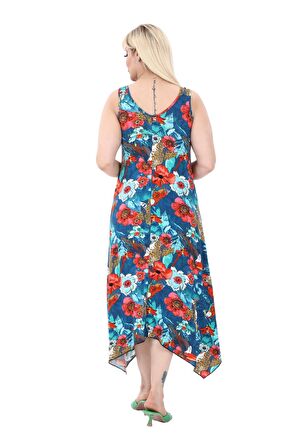 Melsay Butik Papağan Desen Büyük Beden Askılı V Yaka Uzun Elbise