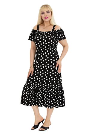 Melsay Butik Beyaz Puantiye Desen Madonna Yaka Askılı Midi Elbise