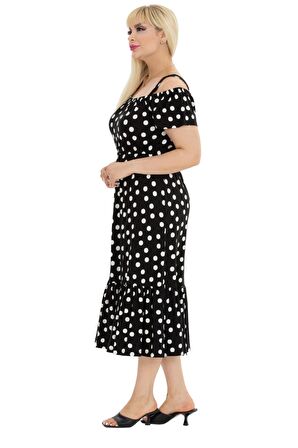 Melsay Butik Beyaz Puantiye Desen Madonna Yaka Askılı Midi Elbise