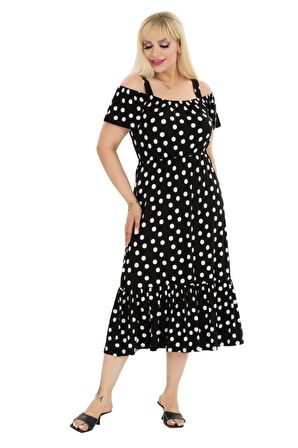 Melsay Butik Beyaz Puantiye Desen Madonna Yaka Askılı Midi Elbise