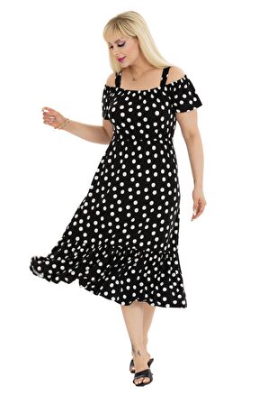 Melsay Butik Beyaz Puantiye Desen Madonna Yaka Askılı Midi Elbise