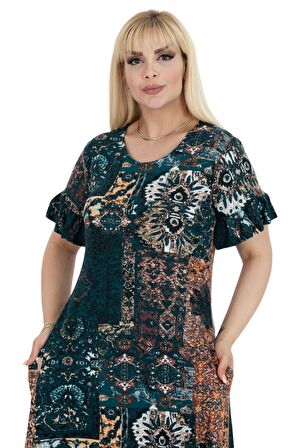 Melsay Butik Petrol Etnik Desen Fırfırlı Kısa Kollu Kadın Midi Elbise